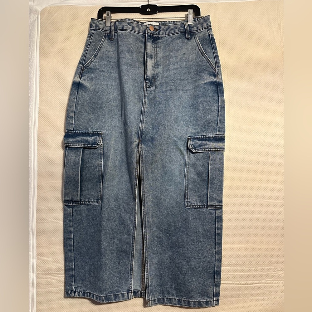 Blue Denim Cargo Skirt. love, fire